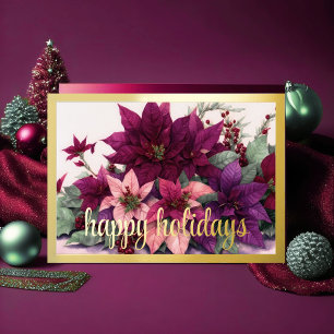 Art Poinsettia Arrangement Burgundy Purple Peach Holiday Card
