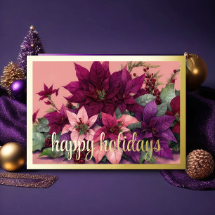 Art Poinsettia Arrangement Burgundy Purple Peach Holiday Card