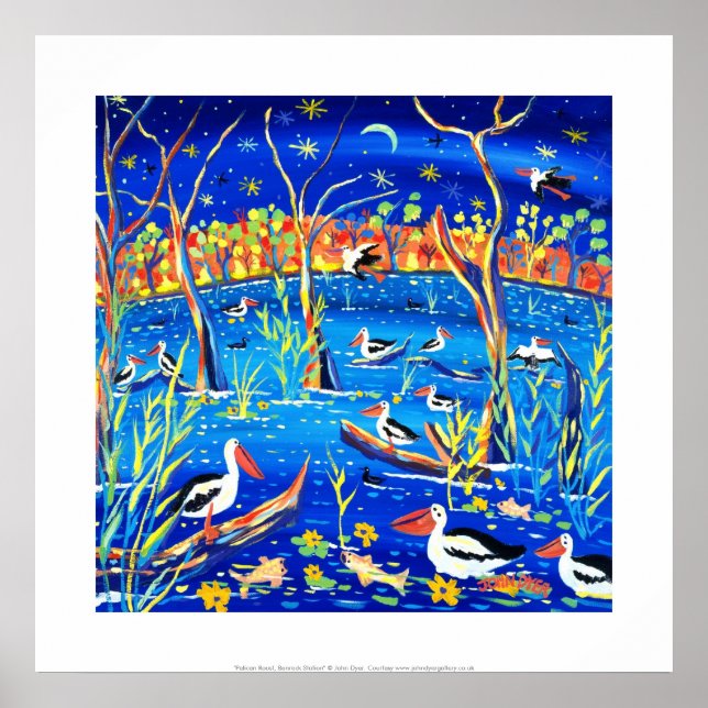 Art Print: Banrock Station Pelicans, Gums, Moon Poster (Front)