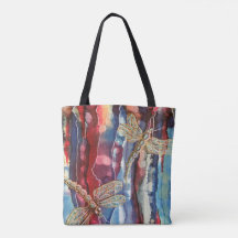 Art print, dragonflies, tote shopping bag.