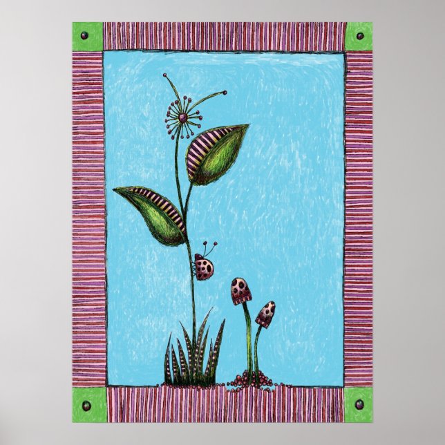 Art Print, Flower Ladybug Mushrooms Poster (Front)