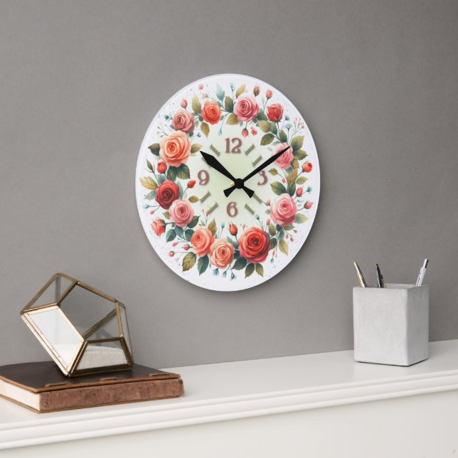 Art Print Watercolor Roses Wreath Large Clock (Office)