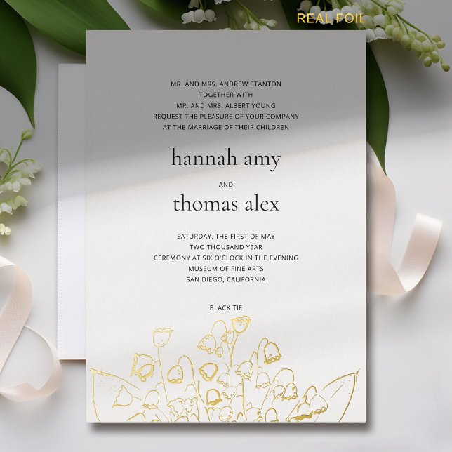 Art Sketch Lily Valley Modern Formal Wedding Gold (lily of the valley wedding invitation formal modern elegant gold foil floral sketch fine art romance)