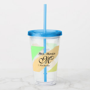 Art teacher yellow green watercolor stripes name acrylic tumbler