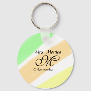 Art teacher yellow green watercolor stripes name key ring