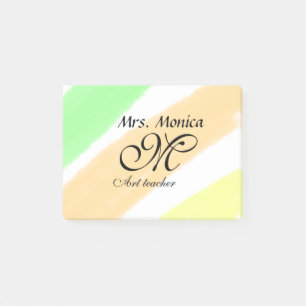 Art teacher yellow green watercolor stripes name post-it notes