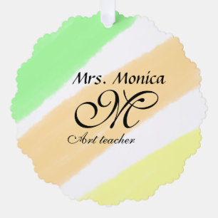 Art teacher yellow green watercolor stripes name tree decoration card