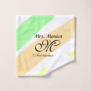 Art teacher yellow green watercolor stripes name wash cloth