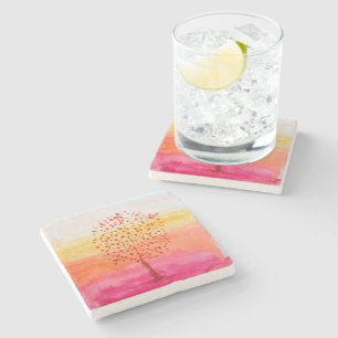 Art Tree Sunset Watercolor Hand Painted Stone Coaster