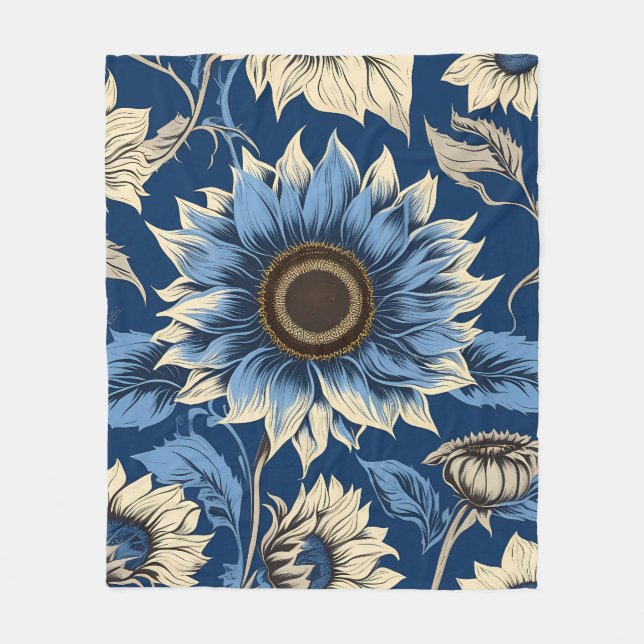 Art vintage blue sunflower pattern fleece blanket (Front)