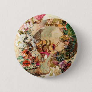 Art Vintage Sugar Skull Flowers 6 Cm Round Badge