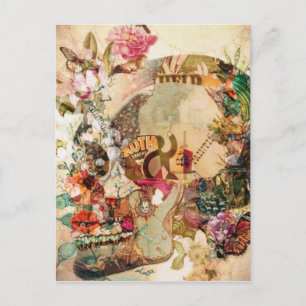 Art Vintage Sugar Skull Flowers Holiday Postcard