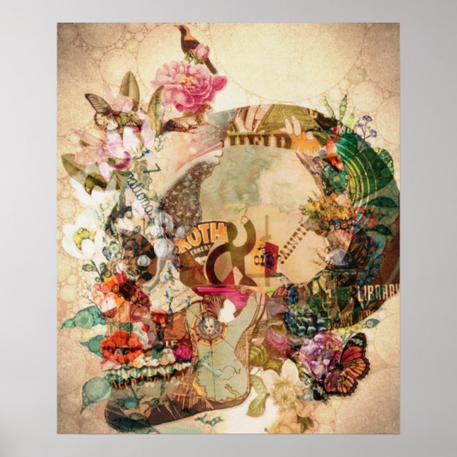 Art Vintage Sugar Skull Flowers Poster (Front)