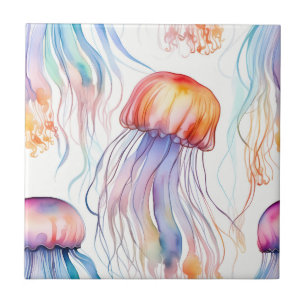Art watercolor jellyfish abstract colorful tile
