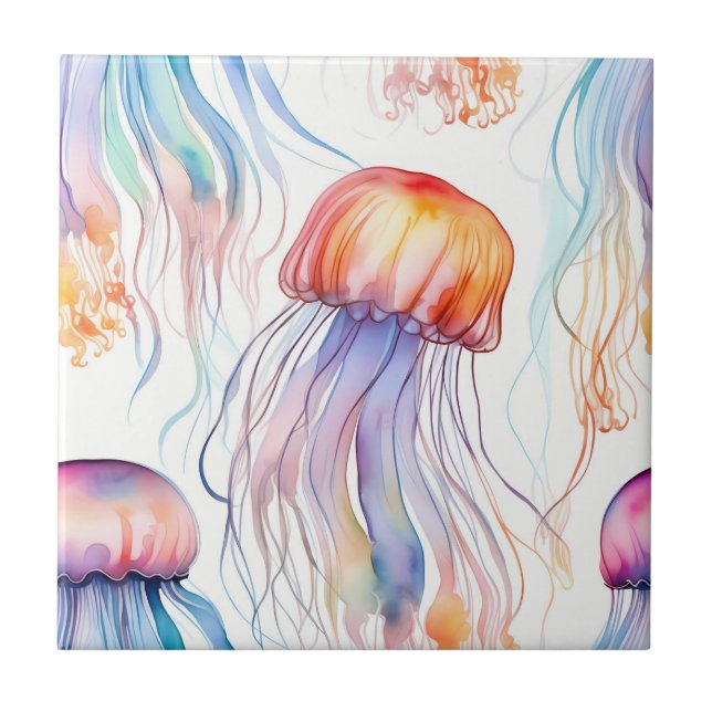Art watercolor jellyfish abstract colourful tile (Front)