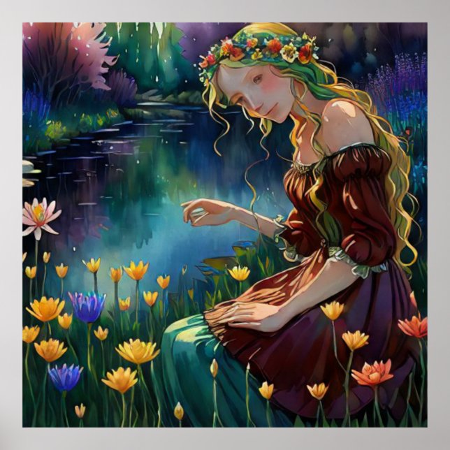 *~  Art Woman Sitting Pick Flower Pond AP56  Poster (Front)