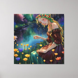 *~  Art Woman Waterfall Pick Flower Pond AP56  Canvas Print