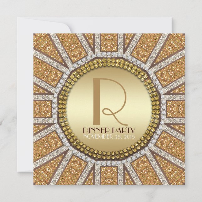 ArtDeco Sun Golden Glitter Dinner Party Invitation (Front)