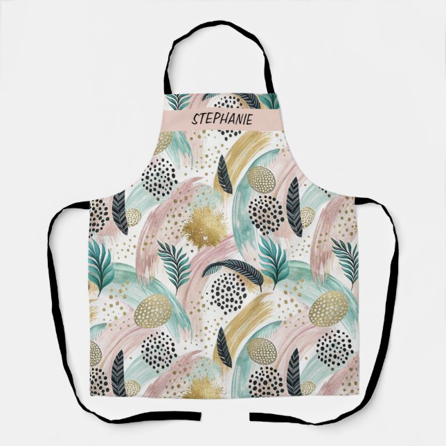 Artful Botanical Brushstroke & Gold Abstract Apron (Front)