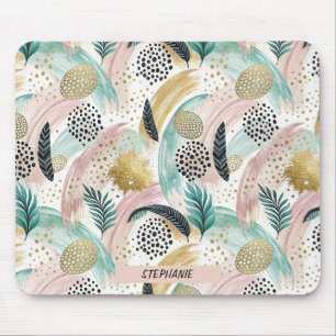 Artful Botanical Brushstroke & Gold Abstract Mouse Pad