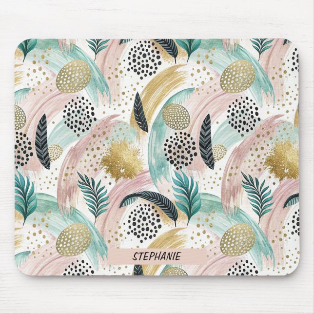 Artful Botanical Brushstroke & Gold Abstract Mouse Pad (Front)