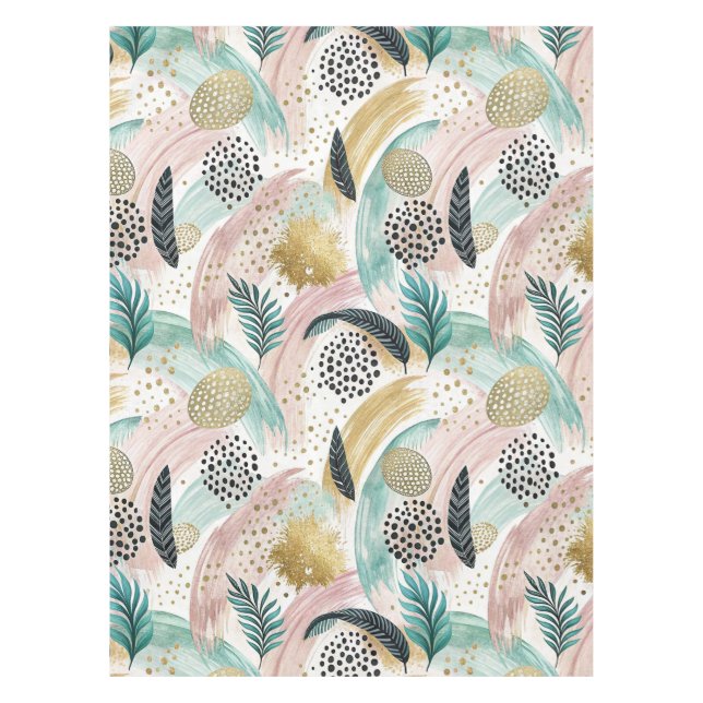 Artful Botanical Brushstroke & Gold Abstract Tablecloth (Front)