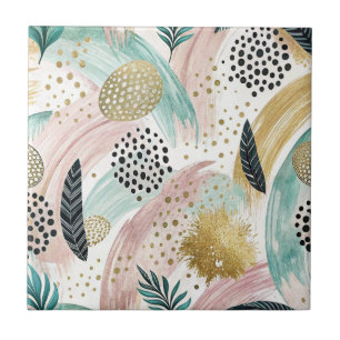 Artful Botanical Brushstroke & Gold Abstract Tile