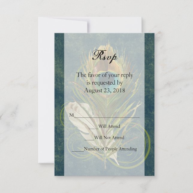 Artful Detail Peacock Feather Wedding Small RSVP Card (Front)