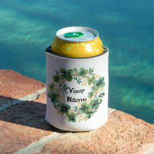 Artful Green Watercolor Clover Weath Can Cooler