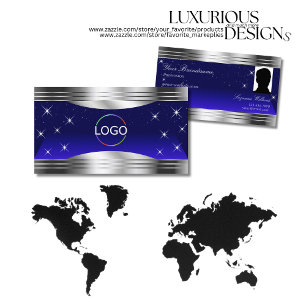 Artful Night Sky Blue Silver Border Logo and Photo Business Card