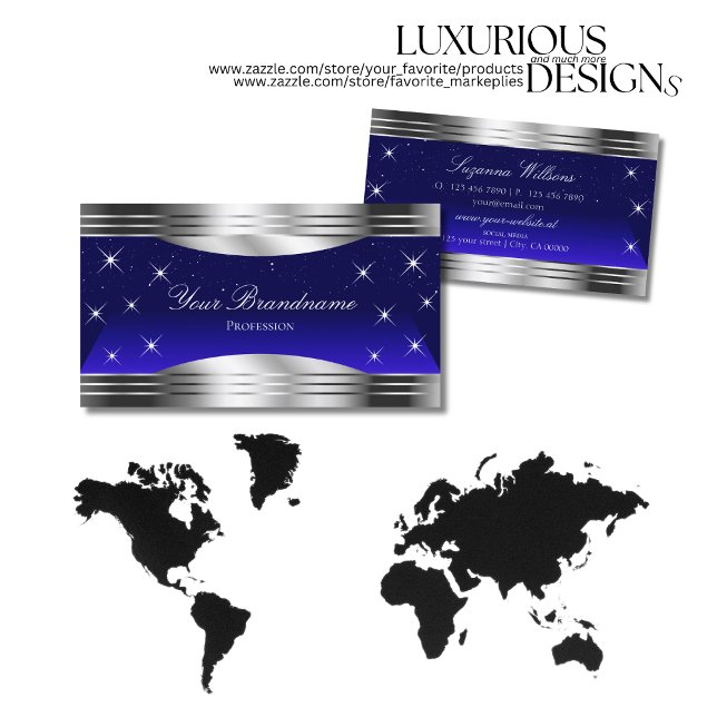 Artful Night Sky Blue Silver Borders Faux Glitters Business Card (Creator Uploaded)
