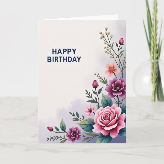 Artful Pink Blooms Birthday Card (Front)