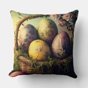 Artfully Decorated Easter Eggs in a Flower Basket Cushion