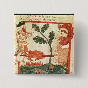 Arthur meets the giant roasting a pig on a 15 cm square badge