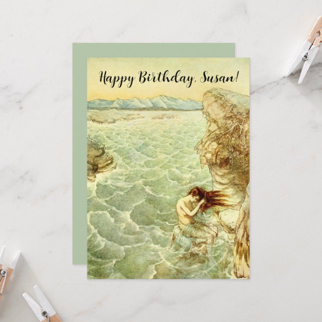 Arthur Rackham Illustration Nymph on a Rock Card (Front/Back In Situ)