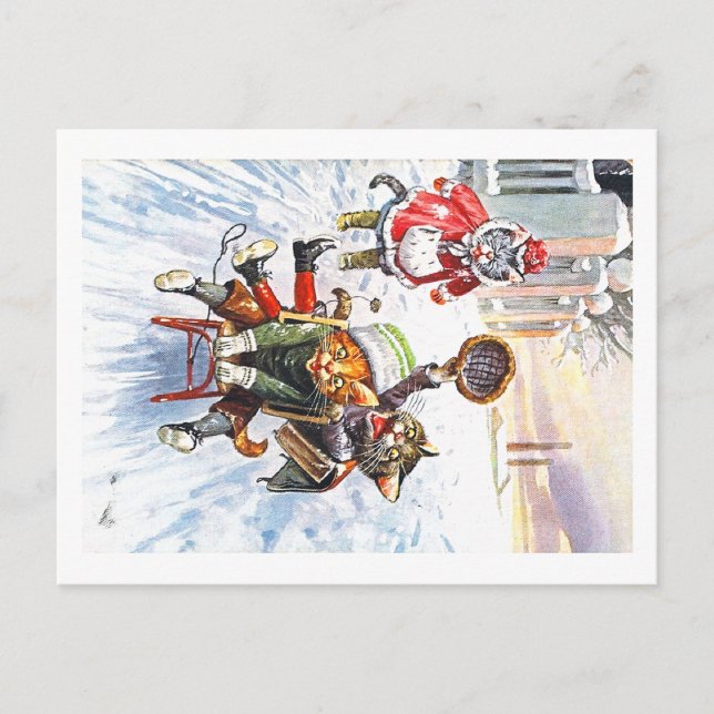 Arthur Thiele - Cats Going Downhill Snow Sledding Postcard (Front)