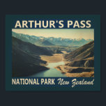 Arthur's Pass National Park New Zealand Vintage Poster<br><div class="desc">Arthur's Pass vector artwork design. The highest pass over the Southern Alps,  Arthur's Pass was historically known to Maori hunting parties as a route between east and west.</div>