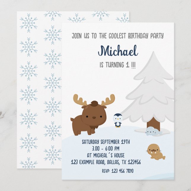 Artic Animals, Winter Animals Birthday Invitation (Front/Back)