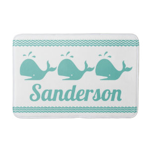 Artic Teal Blue Whale & waves Blue & White coastal Bath Mat