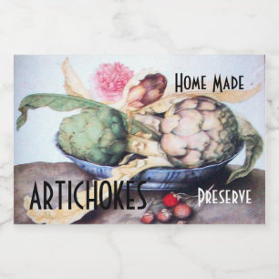 ARTICHOKES PLATE WITH ROSE & STRAWBERRIES Preserve Food Label
