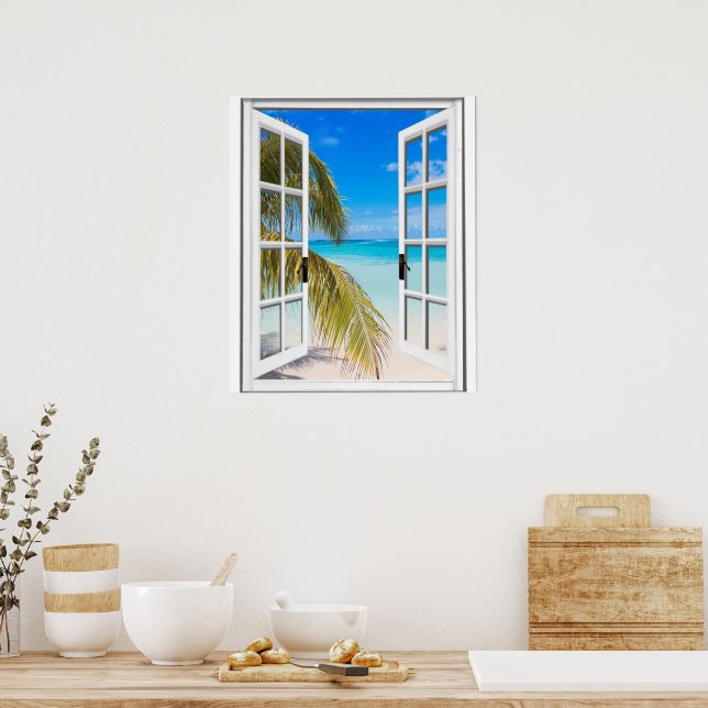  Artificial Window Palms and Beach Ocean View  Poster (Kitchen)