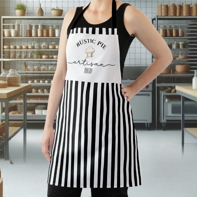 Artisan Chef Hat Name Black White Stripes Baking Apron (Creator Uploaded)