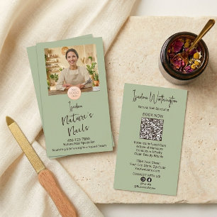 Artisan Heritage Sage Green Photo Nail Logo QR Business Card