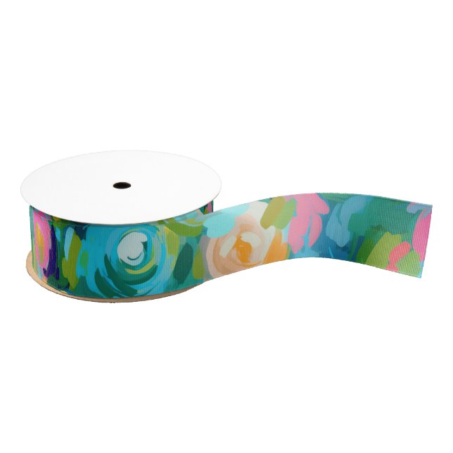 Artisan Painted Flowers Bright Colours Summer Grosgrain Ribbon (Spool)