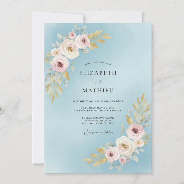 Artisan Powder Sky Peony Wedding Invitation (Front)