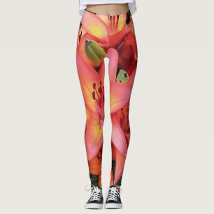 Artisitc Coral Coloured Garden Lilies Leggings