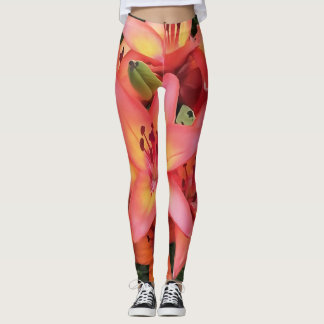 Artisitc Coral Coloured Garden Lilies Leggings