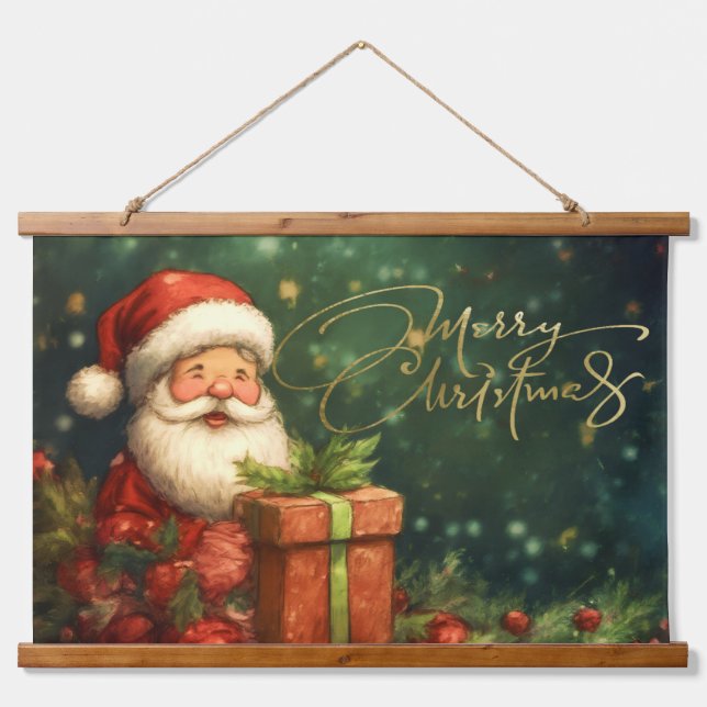 Artisitc Santa Illustration Christmas Red Green Hanging Tapestry (Front)