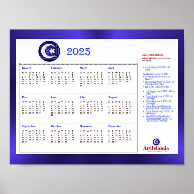 ArtIslamia 2025 Islamic Religious Events Calendar Poster (Front)