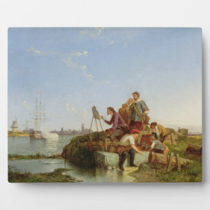 Artist at his Easel and Shipping beyond, 1894 (oil Plaque